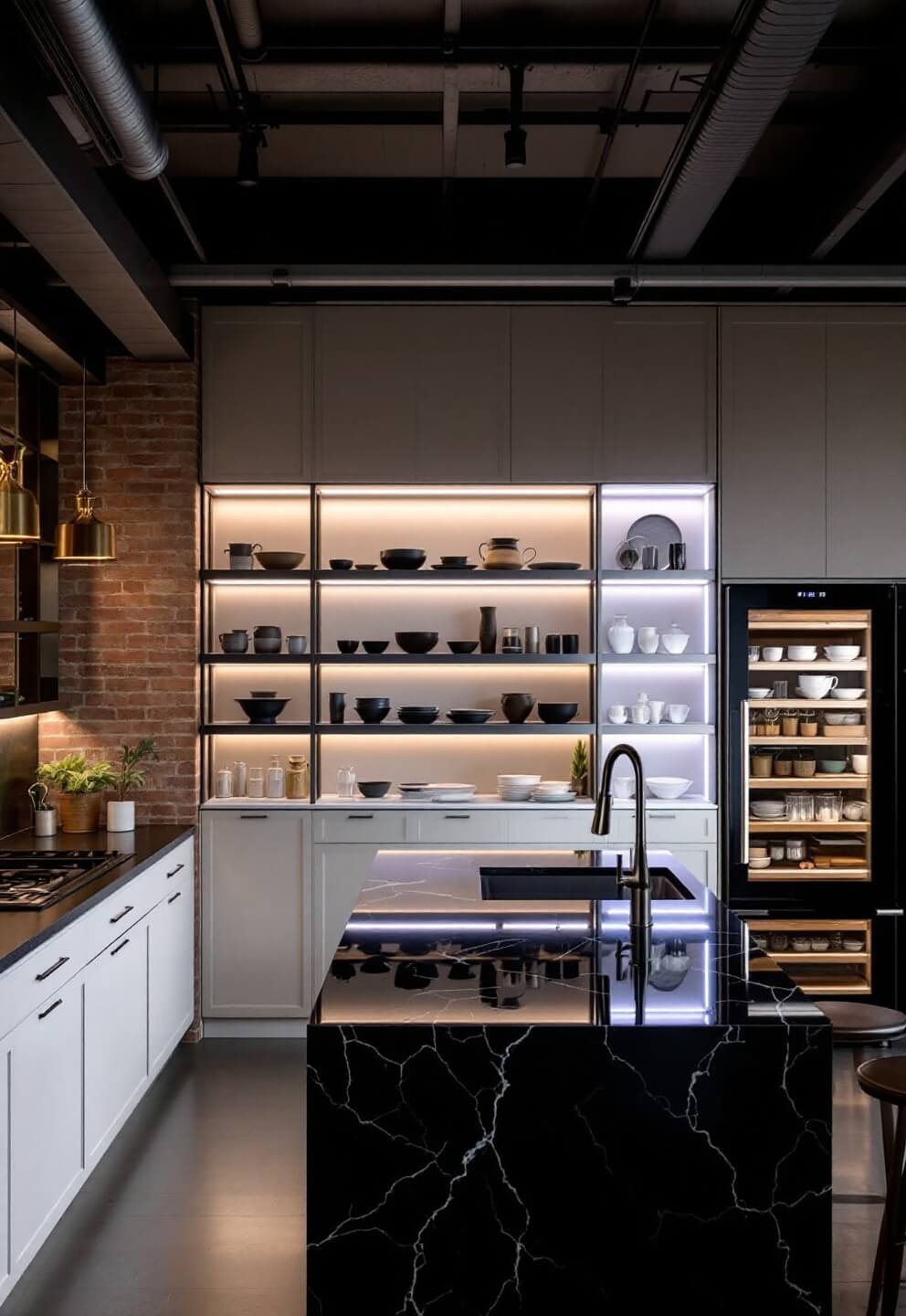 Elevated view of a spacious 22x28ft twilight kitchen with industrial-height ceilings, featuring a dramatic black marble island with waterfall edges, white oak cabinetry, a smart fridge with a digital display in a full-height pantry wall.