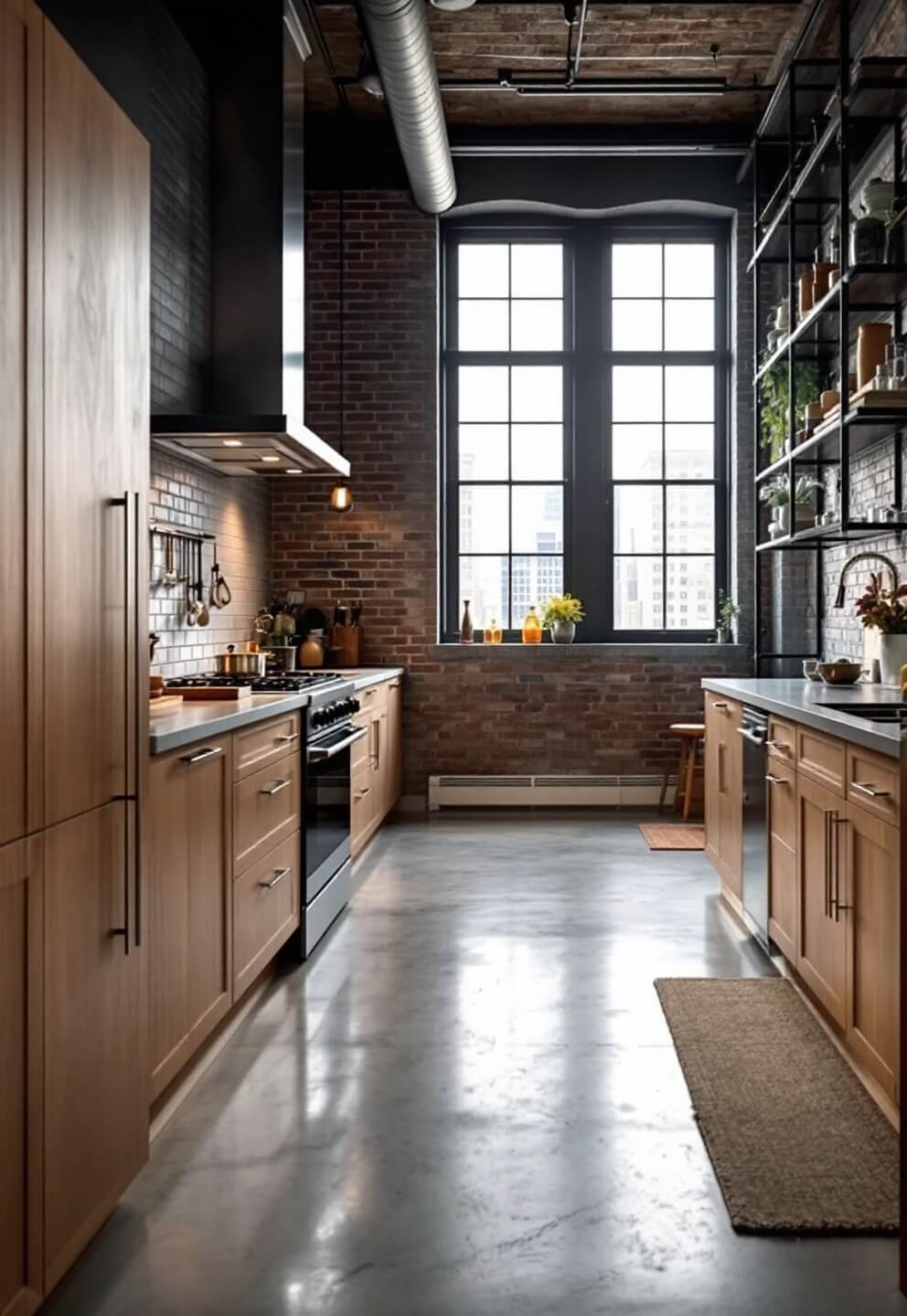 Large 16x20ft loft kitchen with industrial chic design, featuring flat-panel hickory cabinets with sleek stainless steel handles, concrete countertops, and black steel open shelving against an exposed brick wall, illuminated by mid-afternoon urban light filtering through industrial windows.