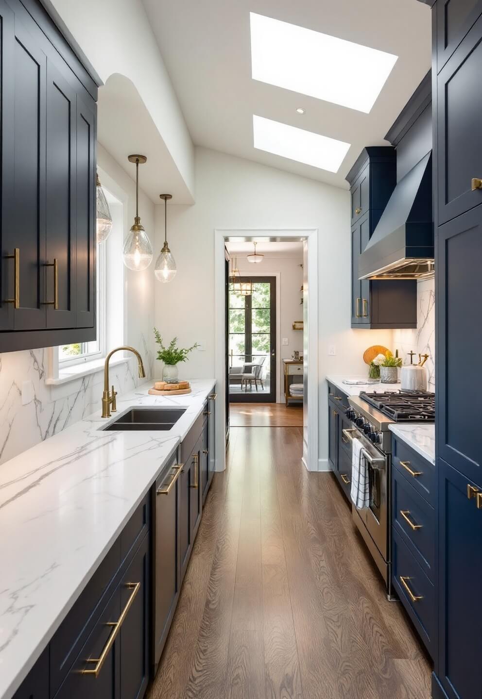 Luxurious morning-lit kitchen featuring skylights, double-height navy cabinets with brass hardware, quartzite counters with integrated sink, custom spice drawers by a professional-grade range, and ceramic pendant lights.