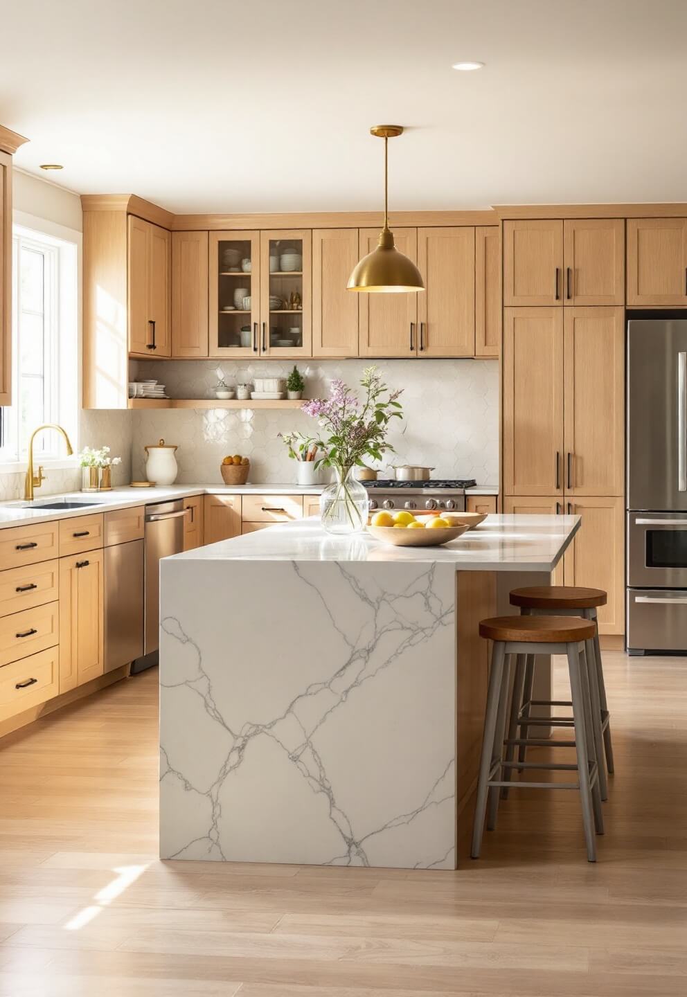 Casual luxury kitchen bathed in late afternoon light with high bleached oak cabinets, black hardware, a Verde Emerald marble waterfall island, touch-activated gold fixtures, cream geometric tile backsplash, hidden charging stations, and ambient LED lighting.