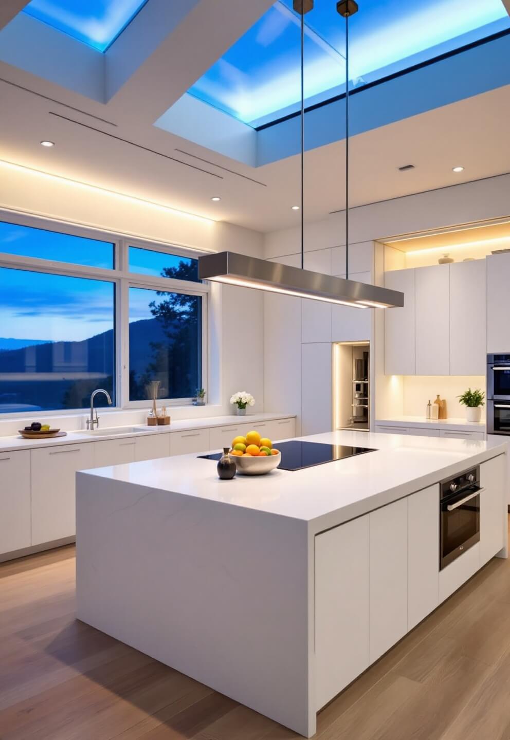 Minimalist luxury kitchen with matte white cabinets, porcelain slab island with induction cooktop, brushed steel pendant lighting and automated layered illumination.