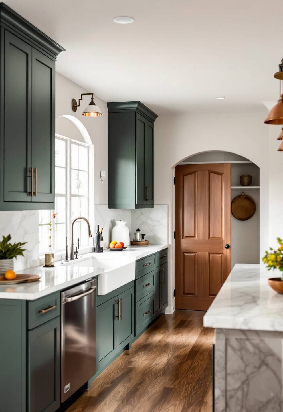 Elegant transitional kitchen scene in morning light, featuring two-tone cabinets in deep green and warm white, figured marble backsplash, walk-in hidden pantry, chrome and copper metallic accents, and vintage pendant lights.