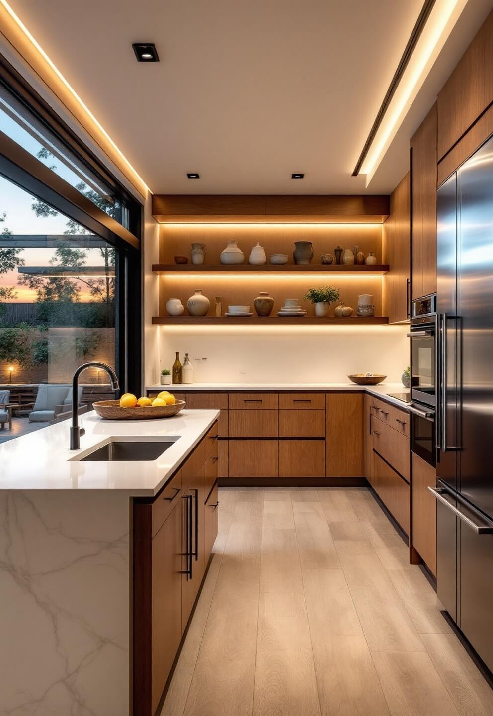 Sunset-lit contemporary kitchen with rift-cut oak cabinets, white quartz surfaces, smart appliances integrated in cabinetry, floating steel shelves with artisanal pottery, and LED lighting.