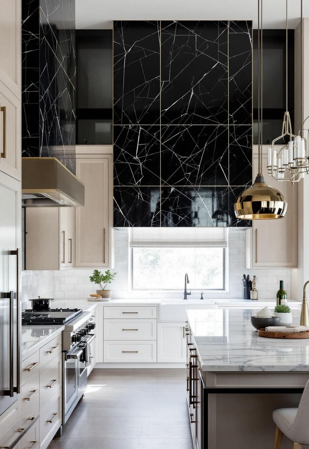 Luxurious, spacious kitchen with double-height ceiling, black marble hood wall, white oak cabinets, bleached maple island, custom metal shelving, and sculptural pendant lighting.