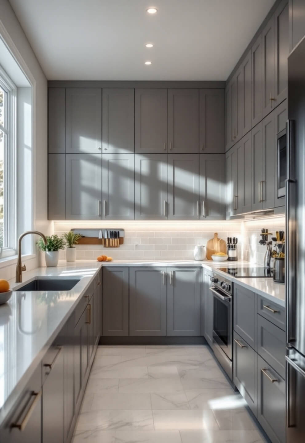 Modern galley kitchen with White Dove walls, pearl gray cabinets, reflective glass mosaic backsplash, quartz countertop, and professional-grade knives on magnetic strip, bathed in morning light