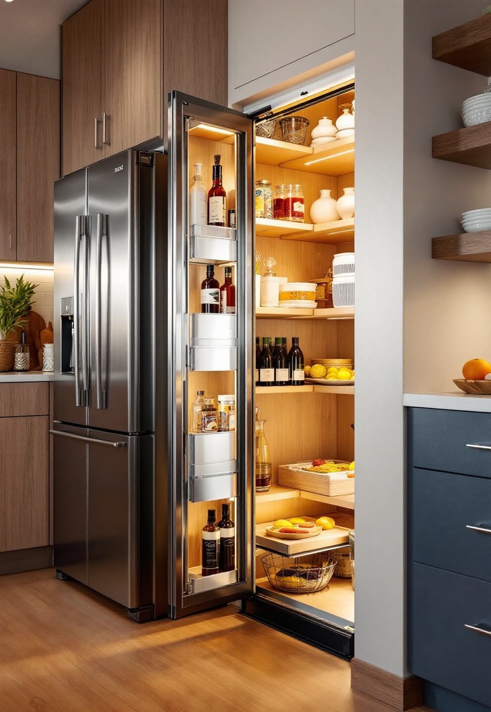 Compact kitchen corner at golden hour with pull-out stainless steel pantry next to counter-depth refrigerator, warm LED spots highlighting organized shelving and natural wood accents adding warmth, shot from a low angle to emphasize vertical storage solutions and clean lines.