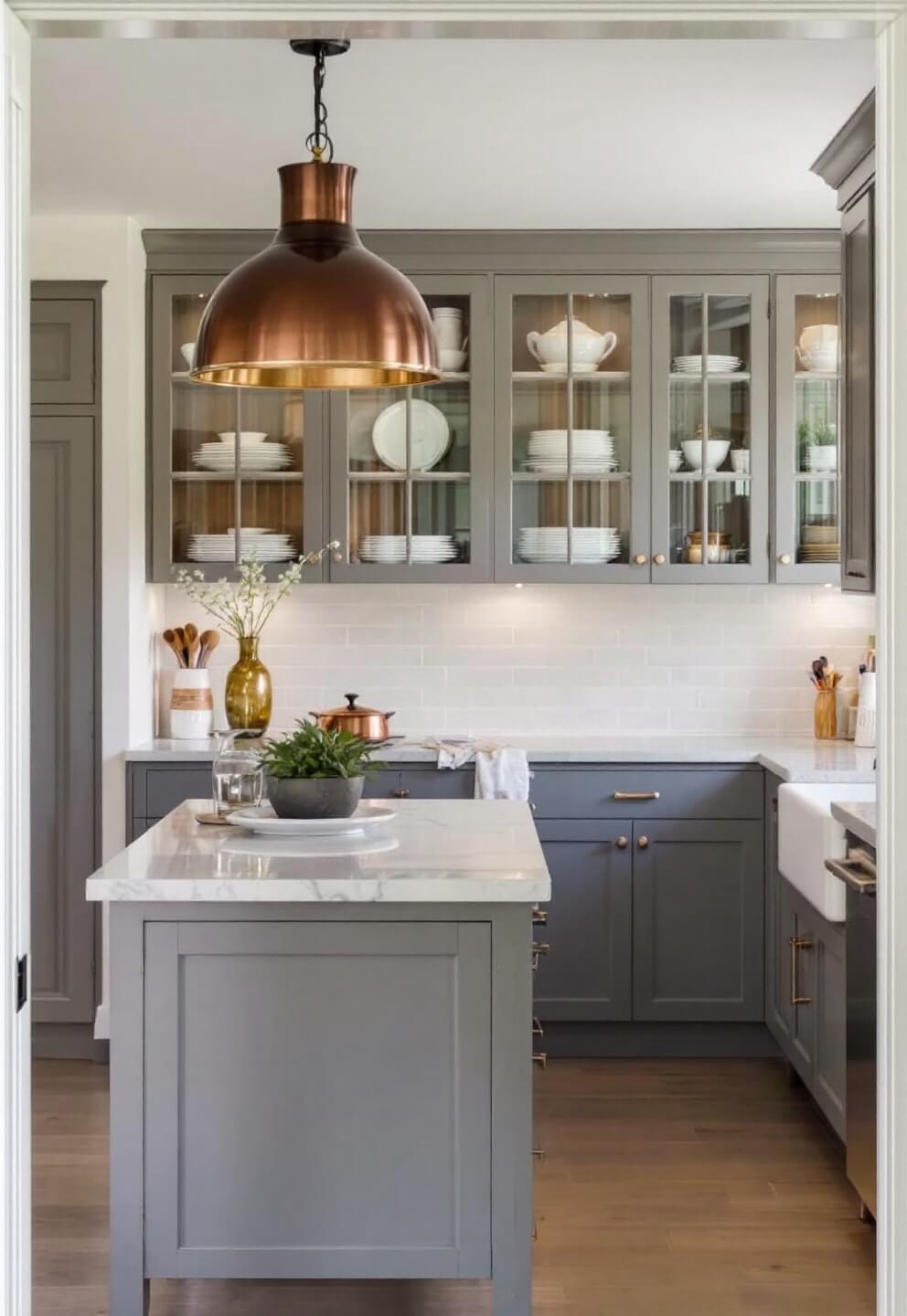 A mid-day shot from the doorway of a 10'x10' square kitchen featuring a statement copper pendant lamp over a white marble-topped mobile island, glass-front upper cabinets displaying vintage dishware, and cool gray lower cabinets with modern hardware. The kitchen layout captures a triangle workflow and the soft-box lighting emphasizes texture contrasts.