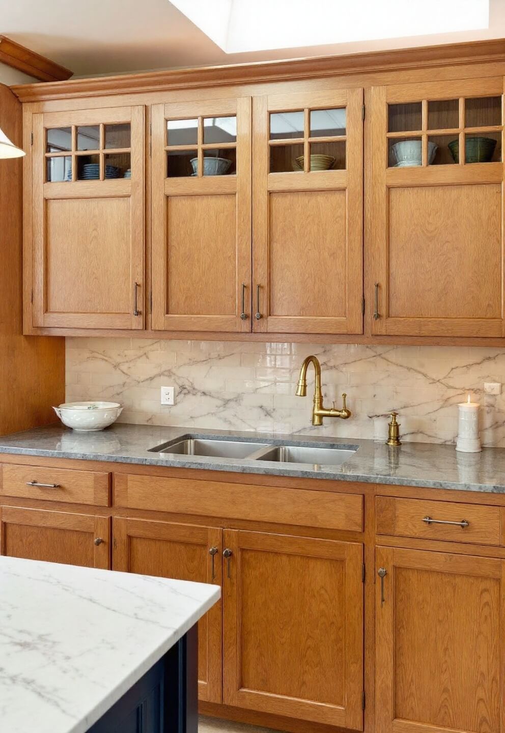 Elegant transitional kitchen with morning light from skylight, mission-style hickory cabinets with glass upper panels, marble backsplash, brass fixtures, and navy blue island base, captured at eye-level emphasizing cabinet details.