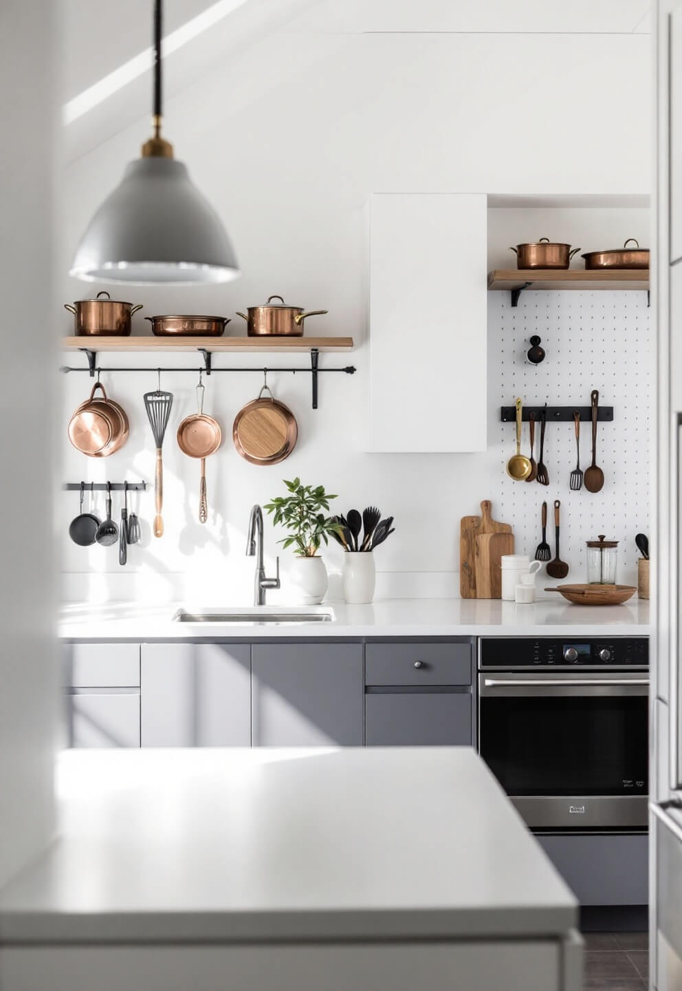 Minimalist kitchen with white walls, black adjustable shelving showcasing copper cookware, and a pegboard wall holding utensils in morning light.