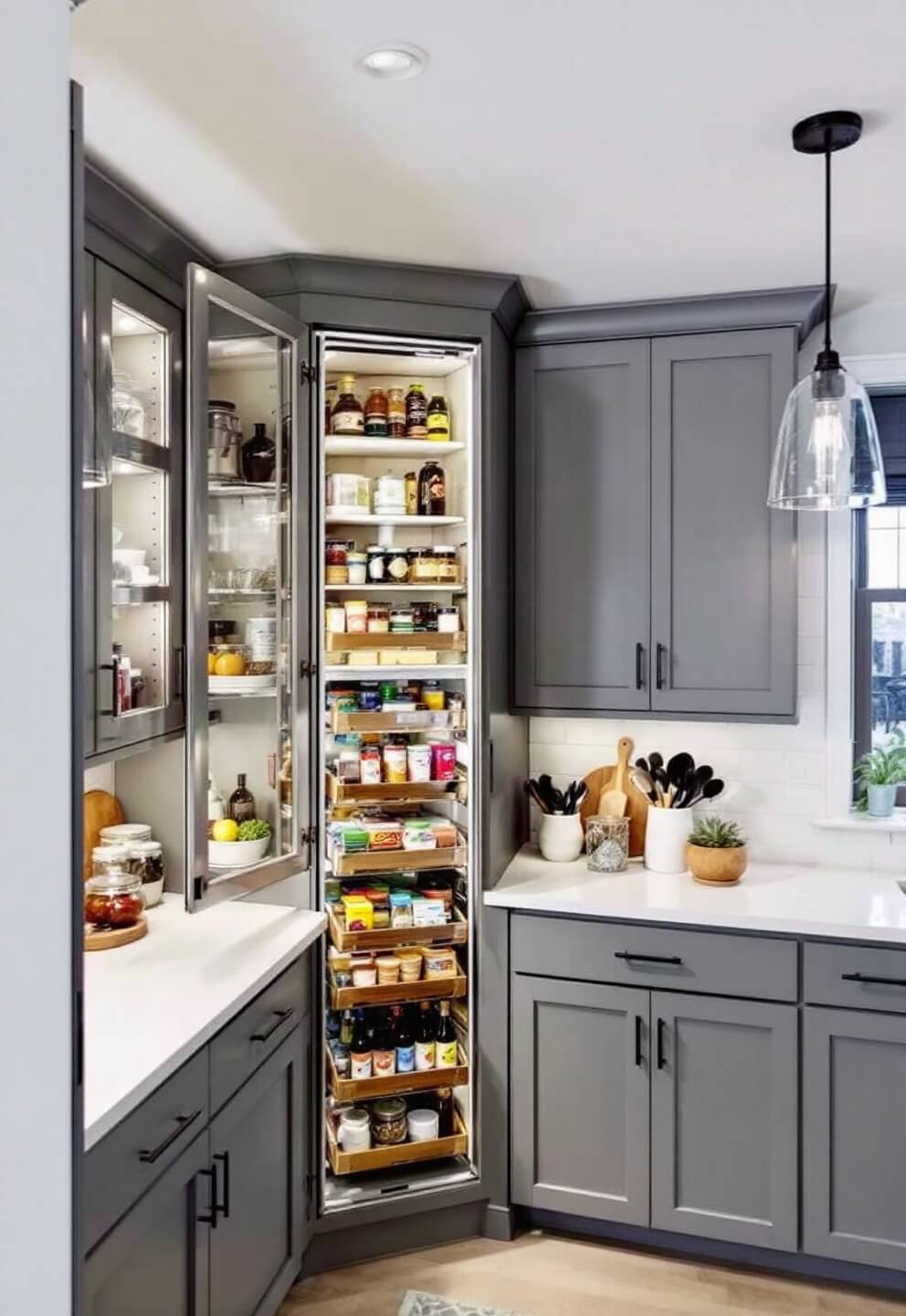 Contemporary kitchen with organized corner carousel unit, cool gray cabinets with integrated handles, and pendant lights over prep area in a wide-angle shot from the entrance at noon