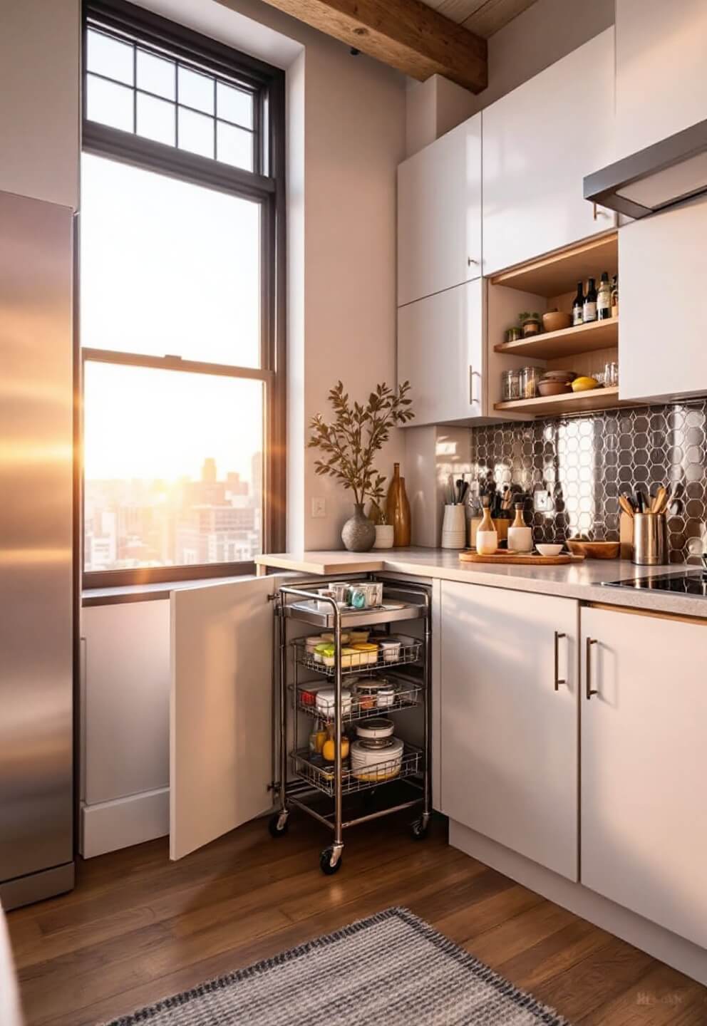 Urban kitchen at sunset featuring a mobile stainless steel cart under a window, door-mounted pantry organizers, metallic backsplash tiles, and golden hour lighting emphasizing efficient workflow.