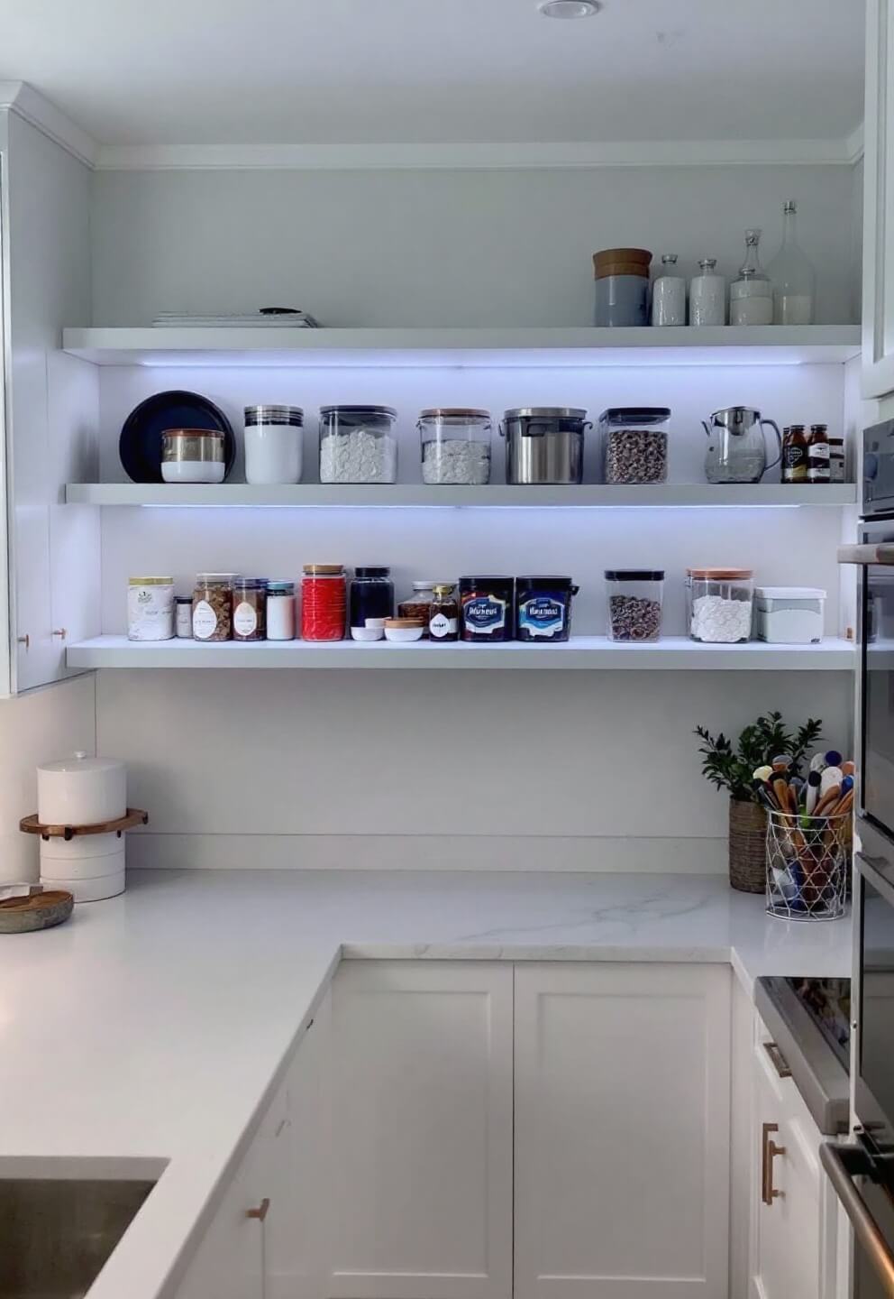 Overhead view of a modern and organized 11'x8' kitchen with pull-out shelving systems, LED lighting under floating shelves, and a white and gray color scheme with copper accents