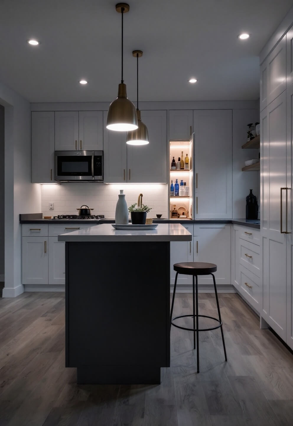 Efficiency kitchen in cool whites and grays with glowing island storage, slim pull-out pantry, modern pendant lights, and brass hardware accents, captured in a low-angle shot under dramatic twilight lighting, emphasizing ceiling height and storage solutions.