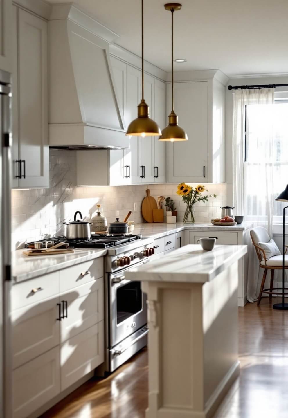 Sunlit modern kitchen with marble countertops, brass pendant lights, white cabinets, stainless steel range, and reading nook with black floor lamp, shot from a low angle in the morning.