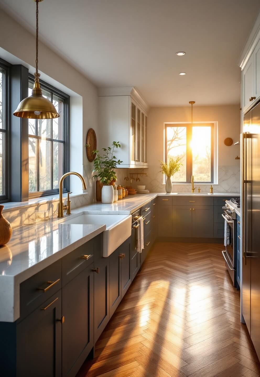 Mid-century modern kitchen with navy blue and white cabinets, brass fixtures, marble backsplash, quartz countertop island, and herringbone wood floors in golden hour lighting