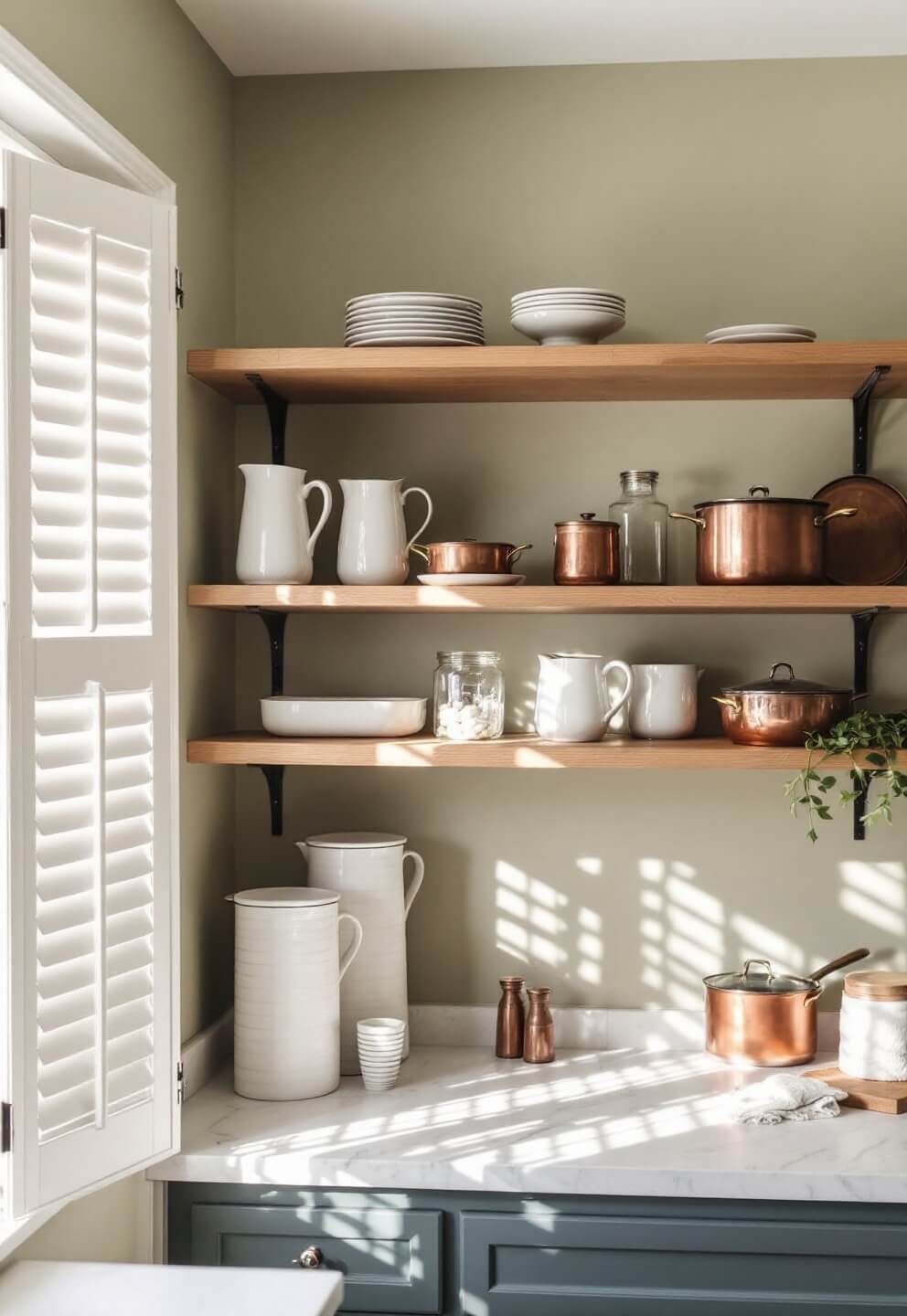 Morning light highlighting organized wooden kitchen shelves with white ceramic pitchers, clear glass jars, and copper cookware against sage green walls