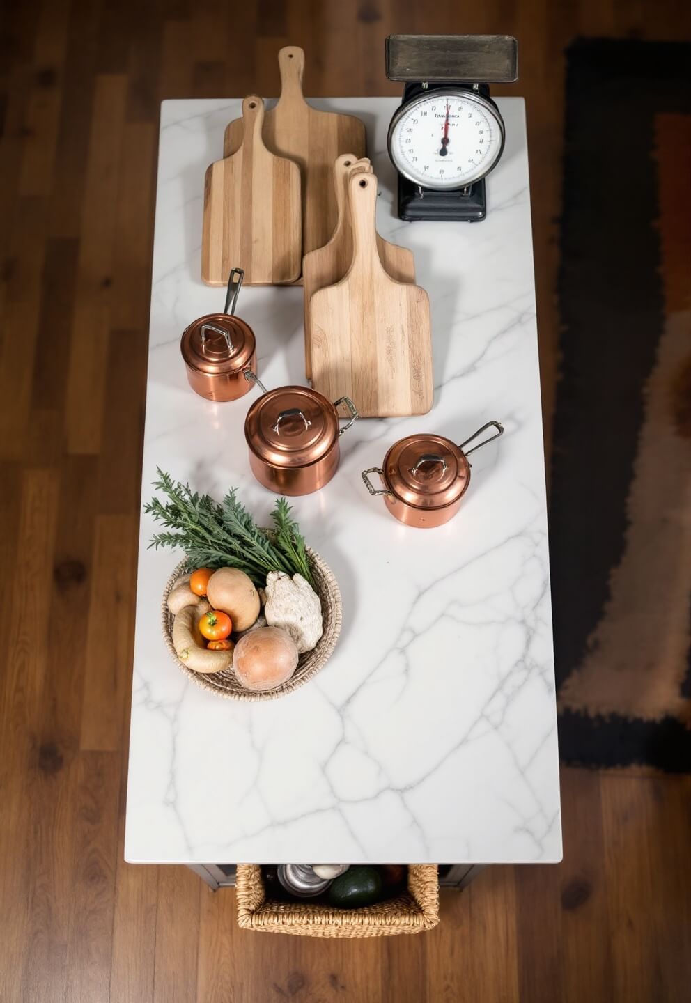 Overhead view of a styled kitchen island with copper pots, wooden cutting boards, vintage scale on a white marble surface, and baskets of fresh produce underneath, lit with soft box lighting.