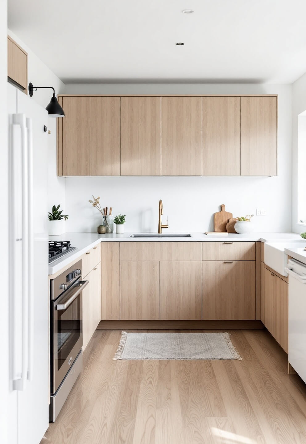 Minimalist Nordic kitchen featuring beadboard hickory cabinets, white walls, light oak floors under diffused afternoon light with high-key lighting setup.