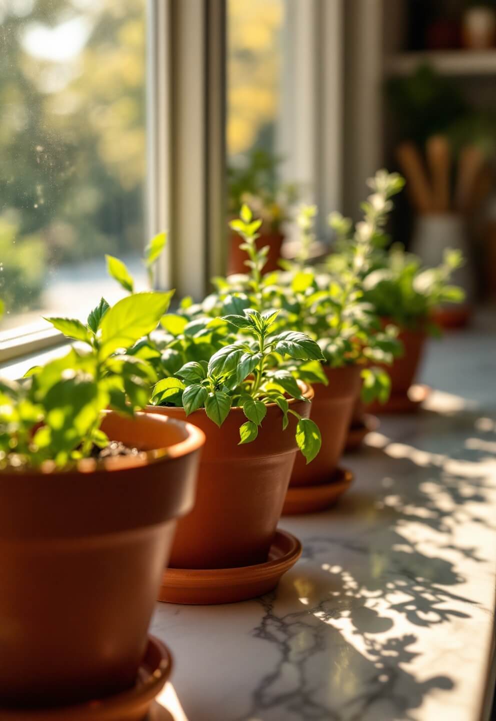 Sunlit kitchen windowsill garden with basil, thyme, and rosemary in terra cotta pots during morning golden hour