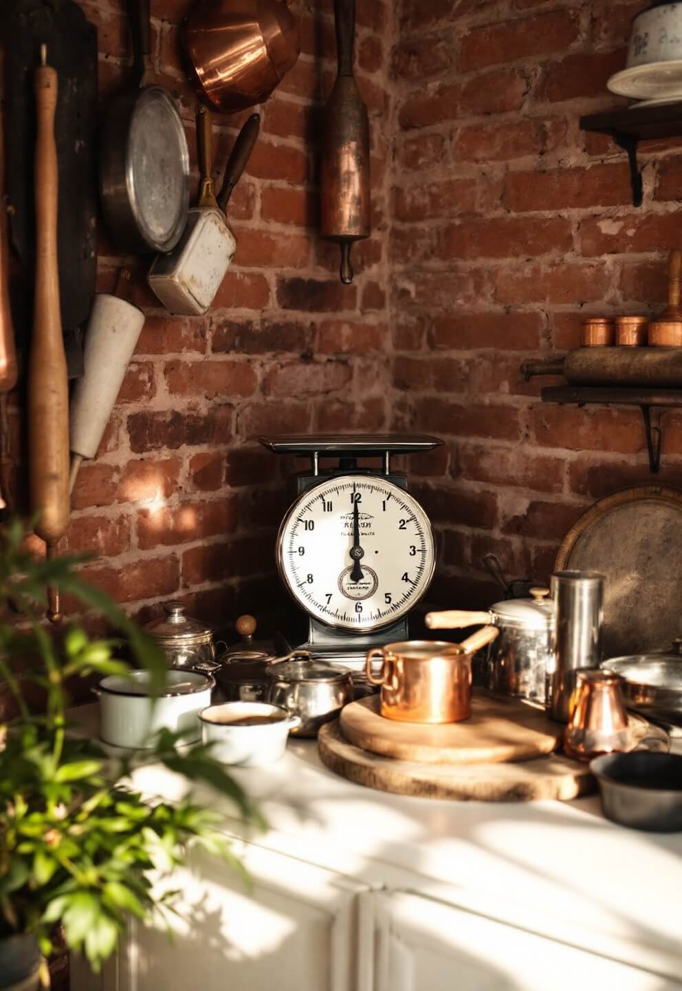 Vintage kitchen tools displayed on brick wall bathed in warm afternoon light, including copper molds, cast iron pieces, rolling pins, enamelware, and a scale centerpiece, viewed from below for a dramatic effect.