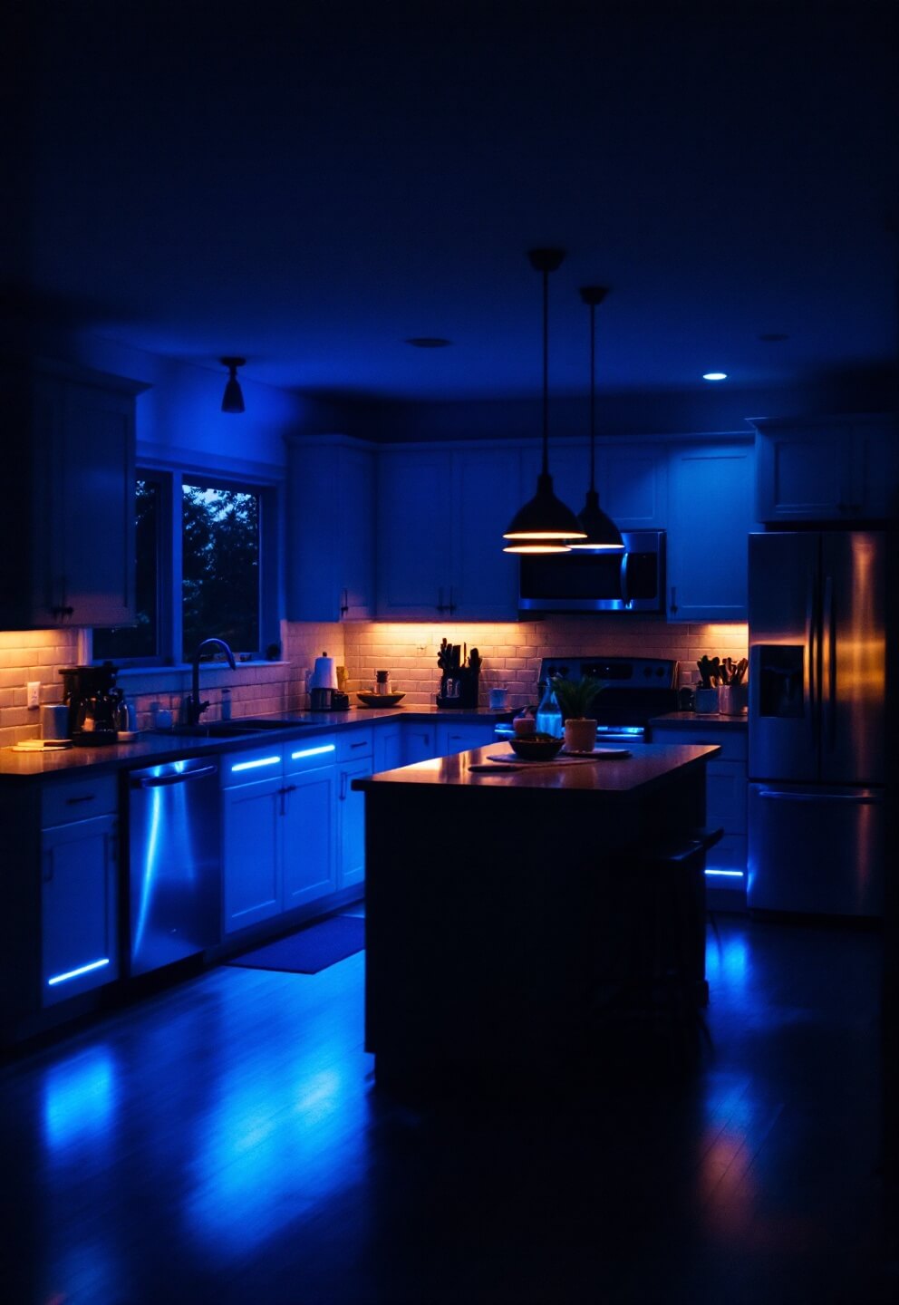 Dramatic blue hour kitchen scene with warm under-cabinet LEDs, pendant lights over island, natural light from windows, reflection on stainless steel appliances, captured through wide angle lens.