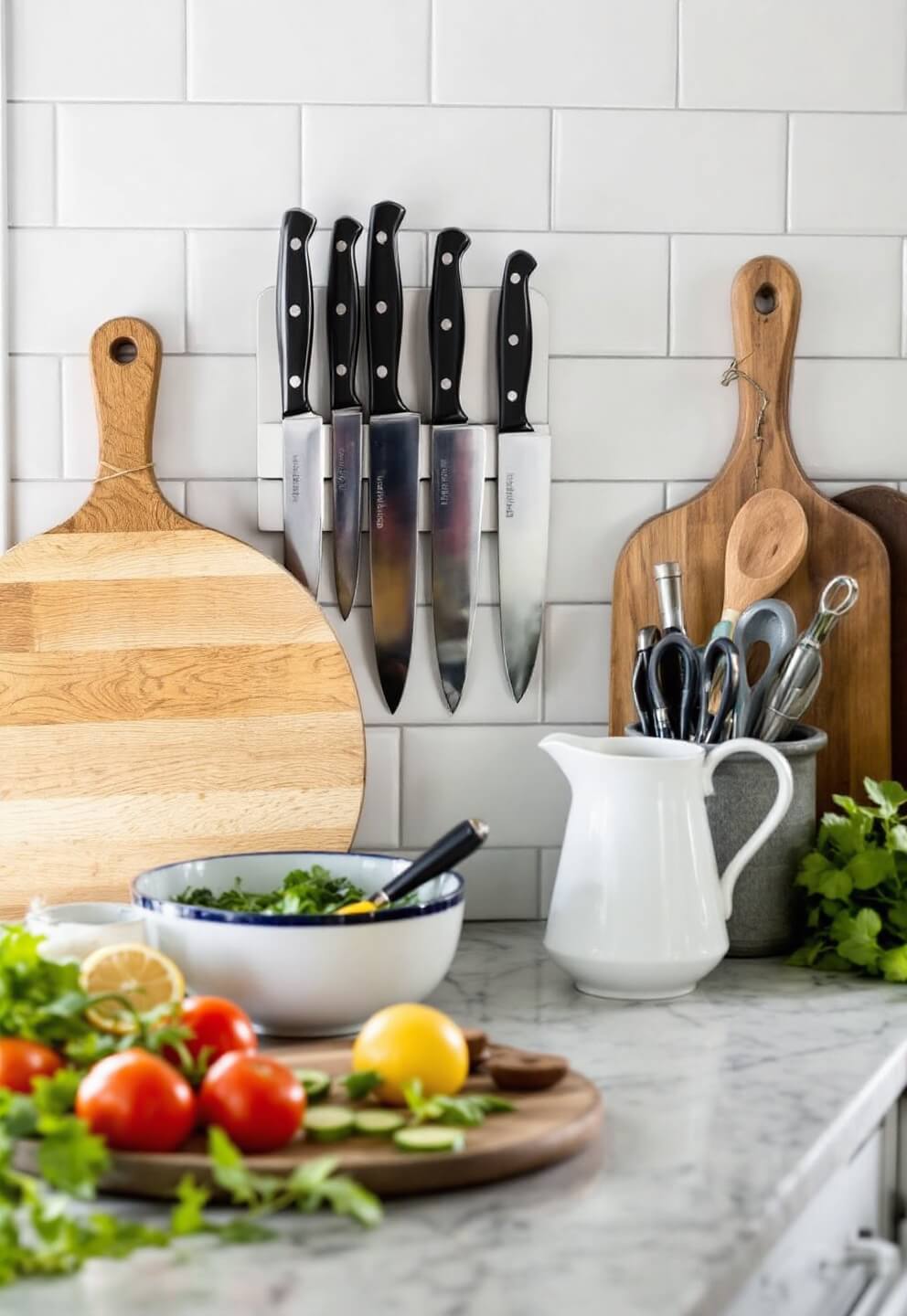 Professional kitchen setup with knives on magnetic strip, wooden cutting boards, ceramic bowls and fresh produce on marble countertop against a white subway tile backdrop