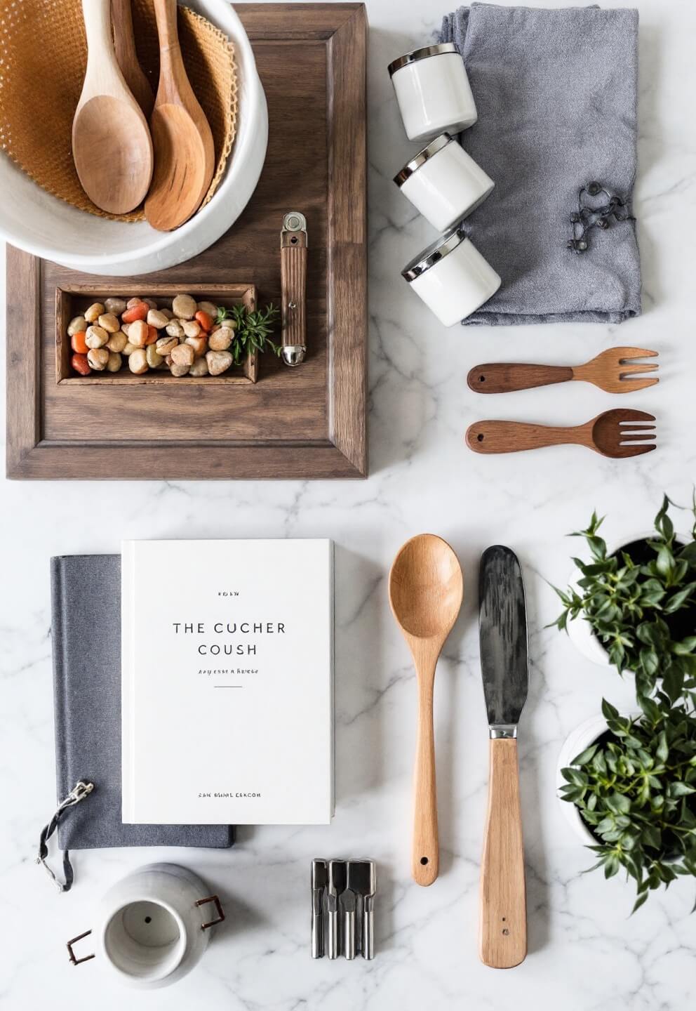 Flatlay of a neatly organized kitchen counter with cookbook, ceramic canisters, wooden utensils, and potted herbs on a white quartz surface