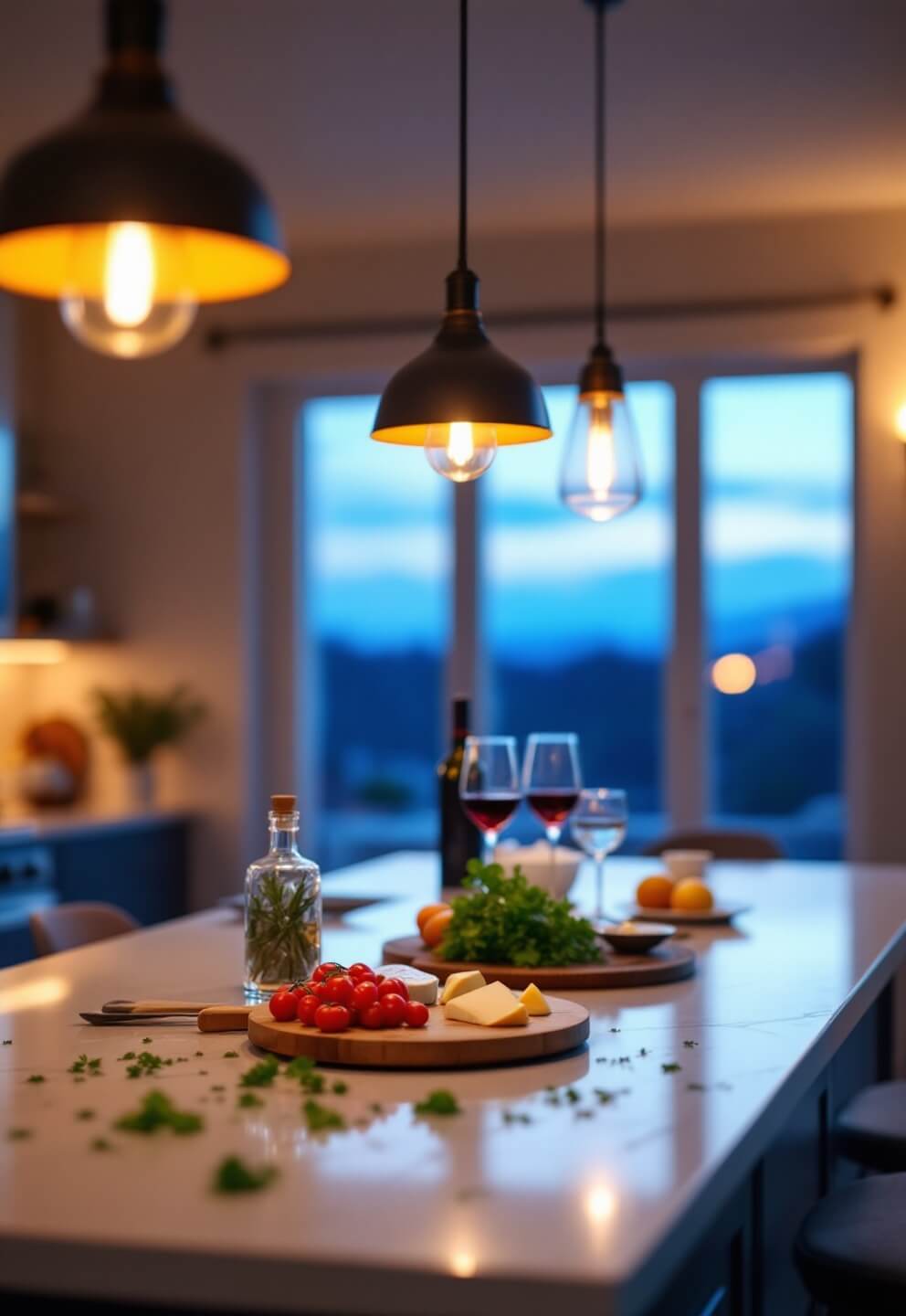 Eye-level shot of twilight kitchen entertaining area with cheese board, wine glasses and herbs on island under pendant lights, blue hour sky seen through the windows