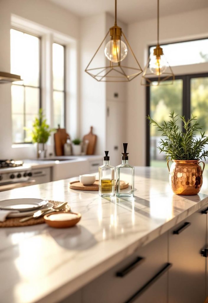 "Sunlit modern kitchen with large windows, a marble-topped island under a brass geometric light, an olive oil bottle, hand-carved salt cellar, fresh rosemary in a copper pot, walnut cutting boards, and natural fiber placemats"