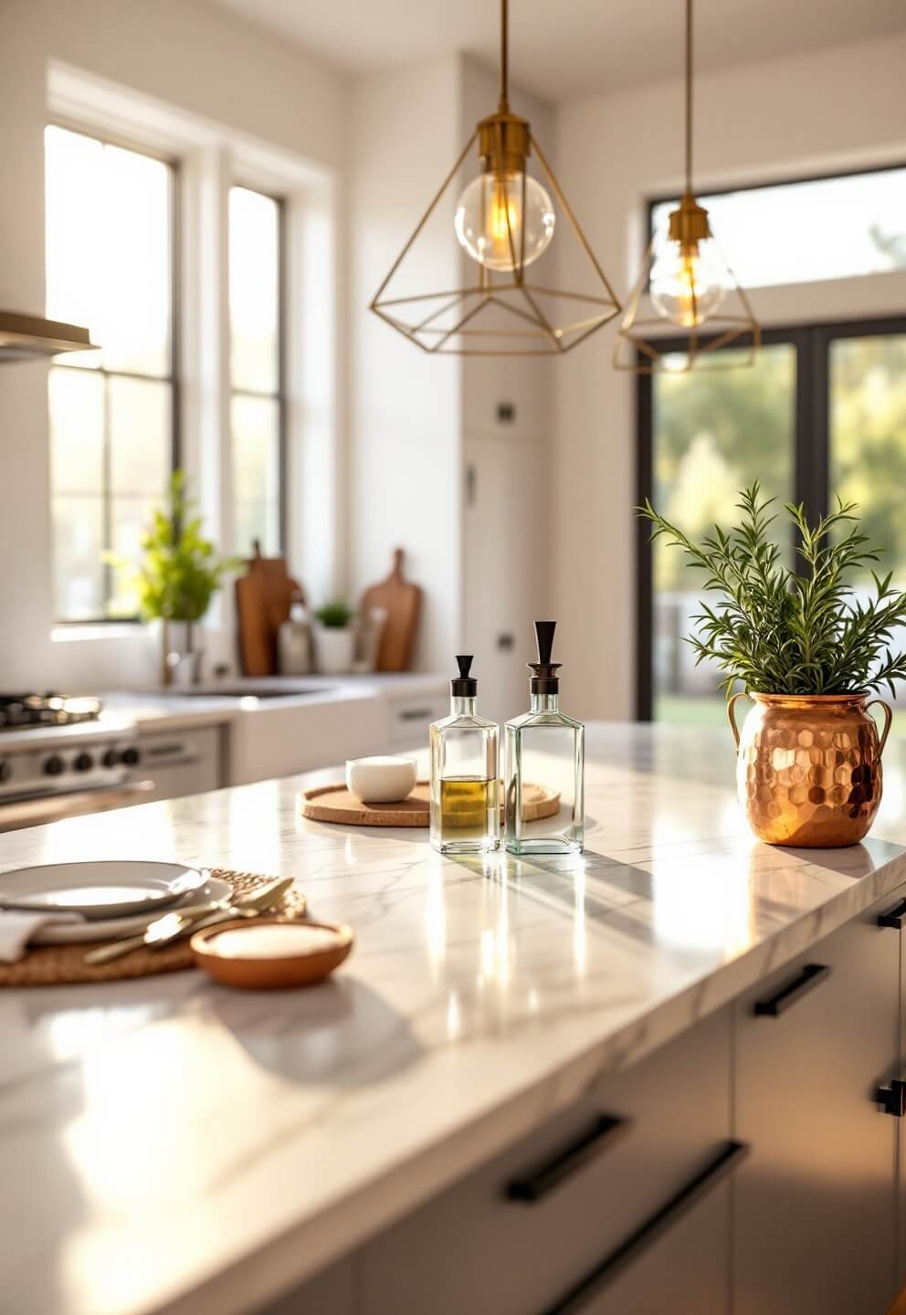 Sunlit modern kitchen with large windows, a marble-topped island under a brass geometric light, an olive oil bottle, hand-carved salt cellar, fresh rosemary in a copper pot, walnut cutting boards, and natural fiber placemats