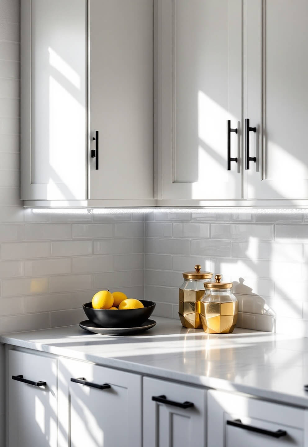 Intimate kitchen corner with white shaker cabinets, matte black hardware, under-cabinet LED lights, and minimalist counter with a black ceramic bowl holding three lemons, surrounded by geometric brass and glass storage canisters, under soft, diffused morning light.