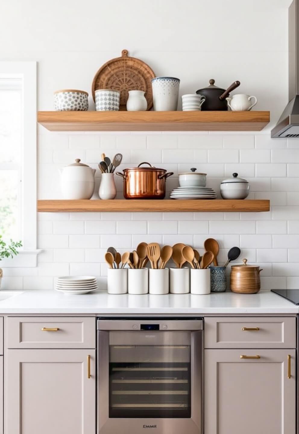 Stylish kitchen storage wall with three floating oak shelves against white subway tile, adorned with artisanal ceramics and copper cookware, lower cabinets concealing appliances, and organized utensil crocks in matte white ceramic, bathed in natural afternoon light