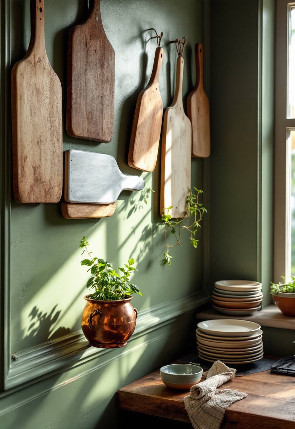 Vintage cutting boards mounted on sage green wall, copper pot herb garden on windowsill, and handmade ceramic plates in earthy tones in a chef's kitchen lit by morning sunlight from a low angle.