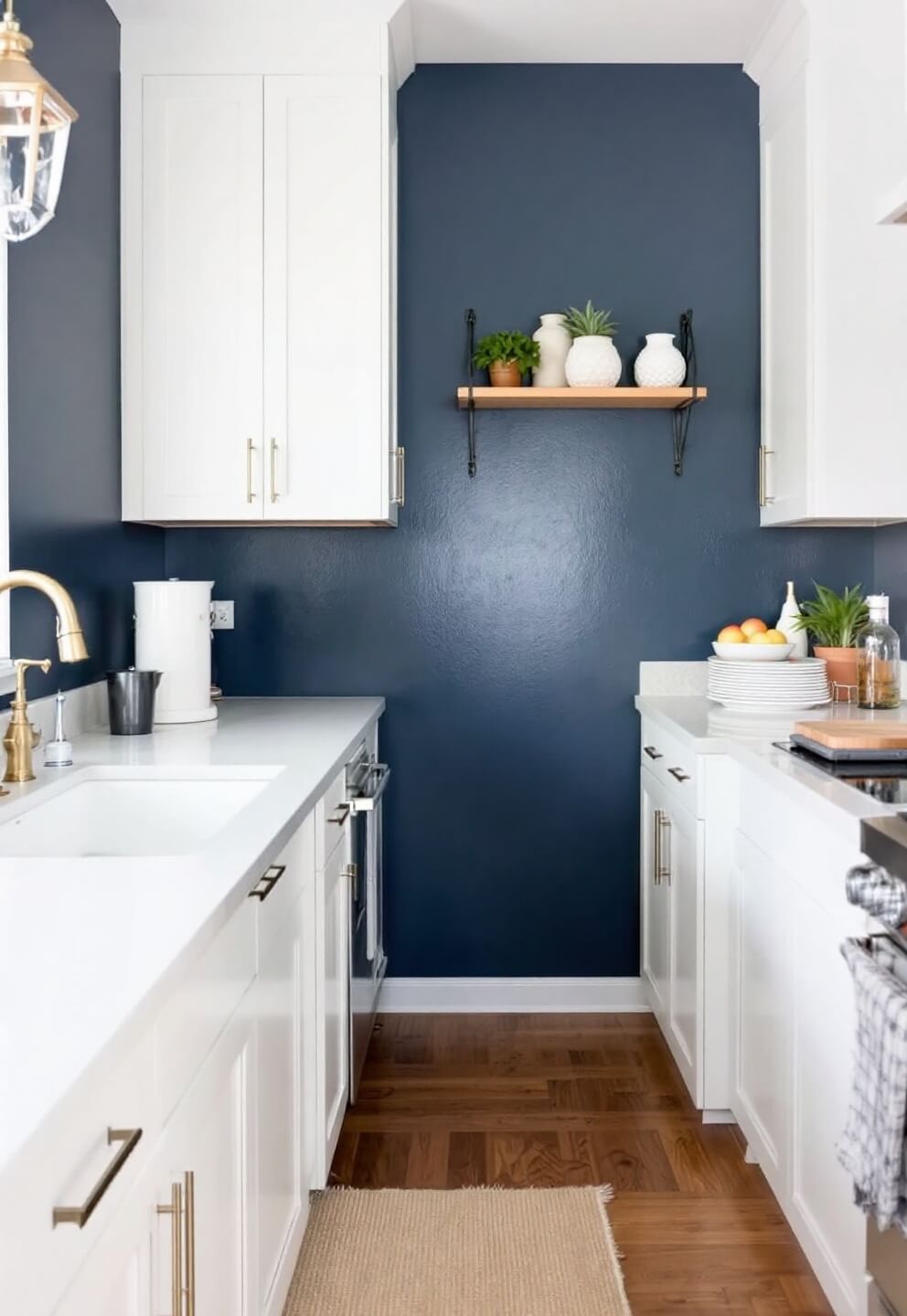 Kitchen with mixed metal fixtures and navy blue accent wall, featuring an 8' warm white quartz countertop, natural jute runner on wooden floor in soft, diffused daylight.