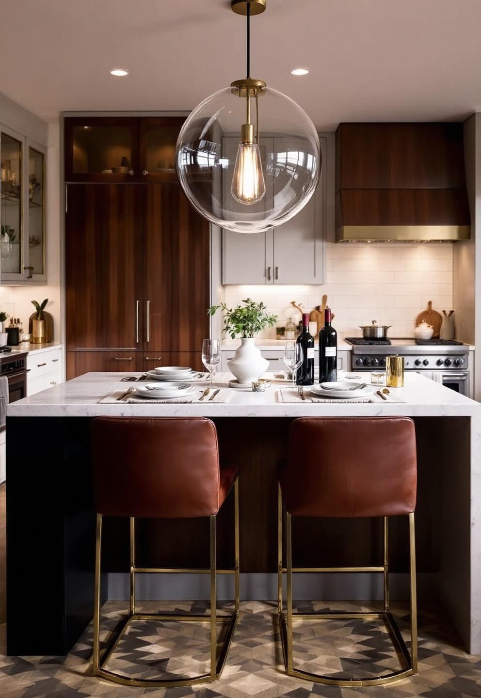 Dusk-lit kitchen island dining area with 4'x8' honed marble waterfall edge island, three leather and brass barstools, oversized globe pendant casting dramatic shadows, decorated with linen runners and minimal brass accessories, taken from a seated eye level for an intimate dining atmosphere.