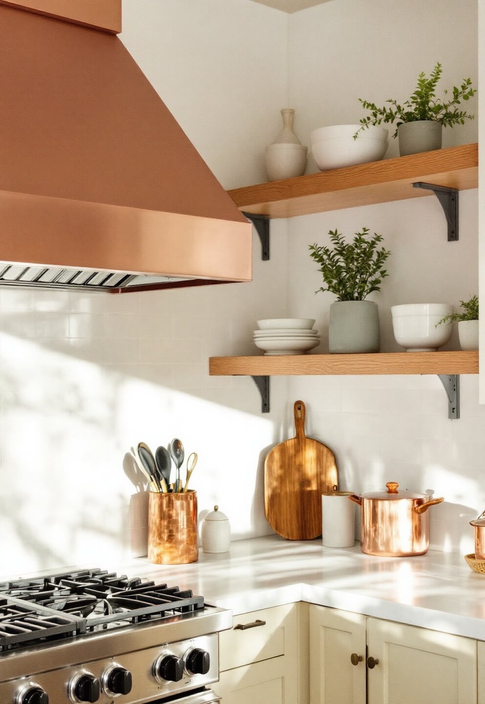 Gourmet kitchen corner featuring professional range with copper hood, cream tile backsplash, floating shelves with copper cookware, white ceramics, and potted herbs, lit by natural side light.