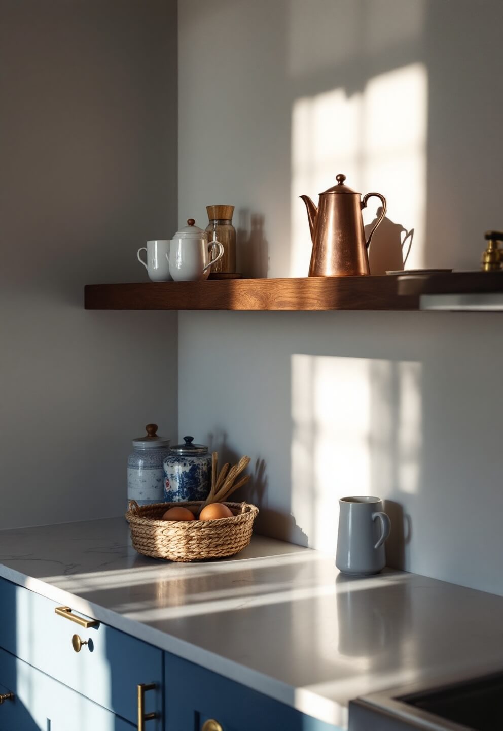 Early morning light illuminates a kitchen coffee station with a built-in coffee bar, walnut shelf with copper kettle and ceramic mugs, and a navy cabinet with brass hardware. A natural fiber basket is filled with coffee essentials.