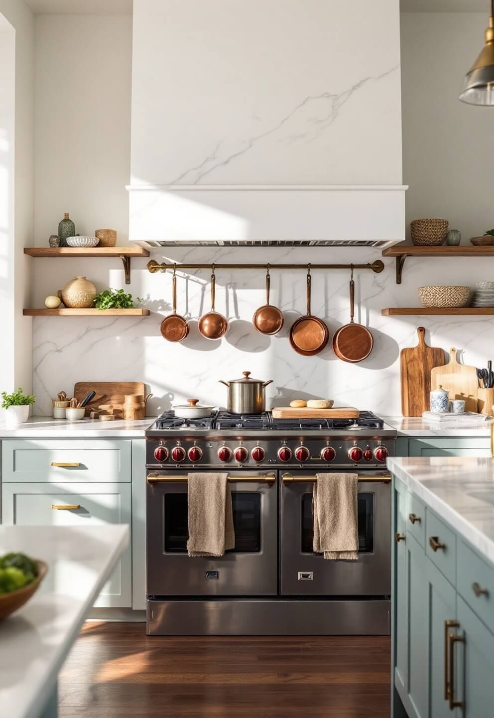 Warm afternoon glow in a kitchen prep zone with full-height marble backsplash, quartz counters, brass pot rail with copper cookware, woven baskets, wooden elements, and professional cutting boards on a wide shot with natural backlight.