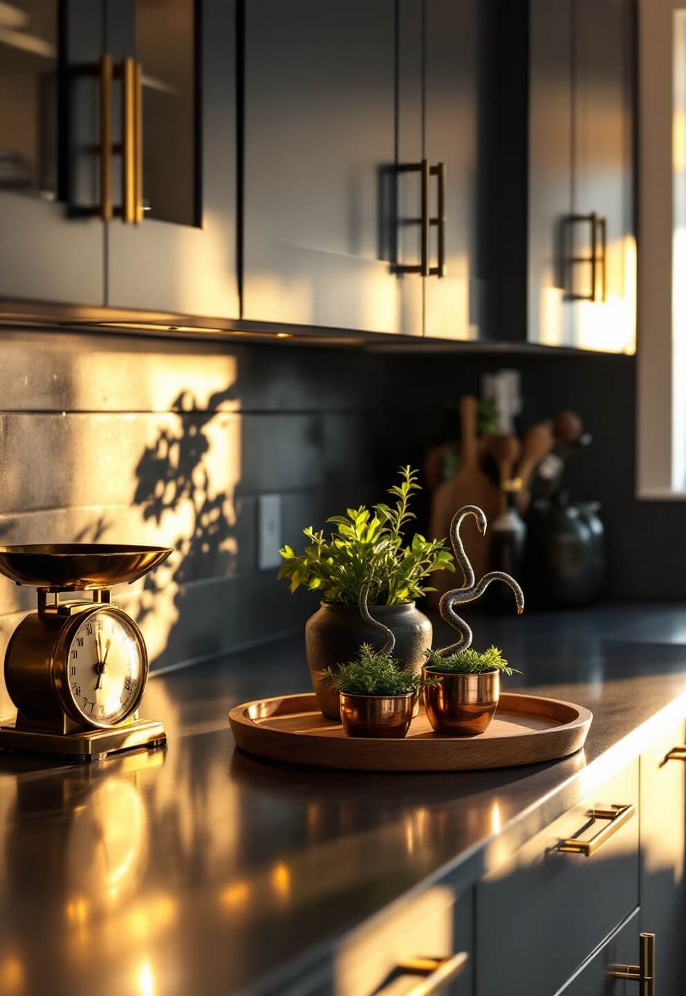 Stylish modern kitchen with black quartz countertops, brass cabinet pulls, and under-cabinet lighting illuminating pots of fresh herbs on a wooden tray. A snake plant in a textured black ceramic pot and a vintage brass scale in the golden hour light add warmth and charm.