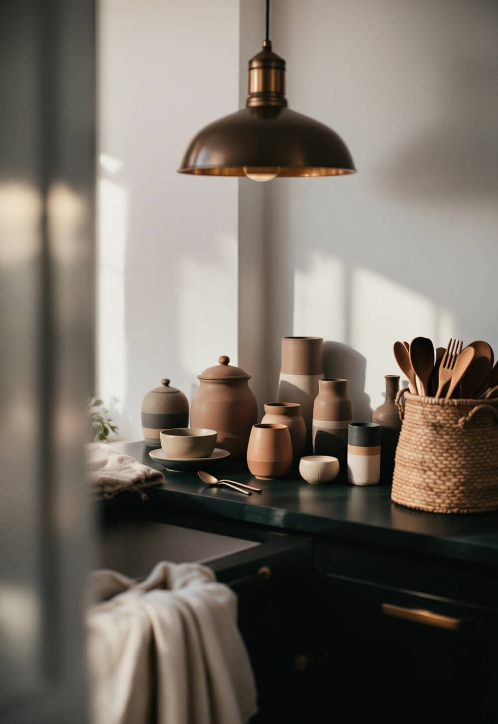 Kitchen corner nook at dusk featuring a green soapstone counter with pottery collection, bronze pendant light, woven basket with wooden utensils, and natural linen runner, under a dramatic side lighting at ISO 400