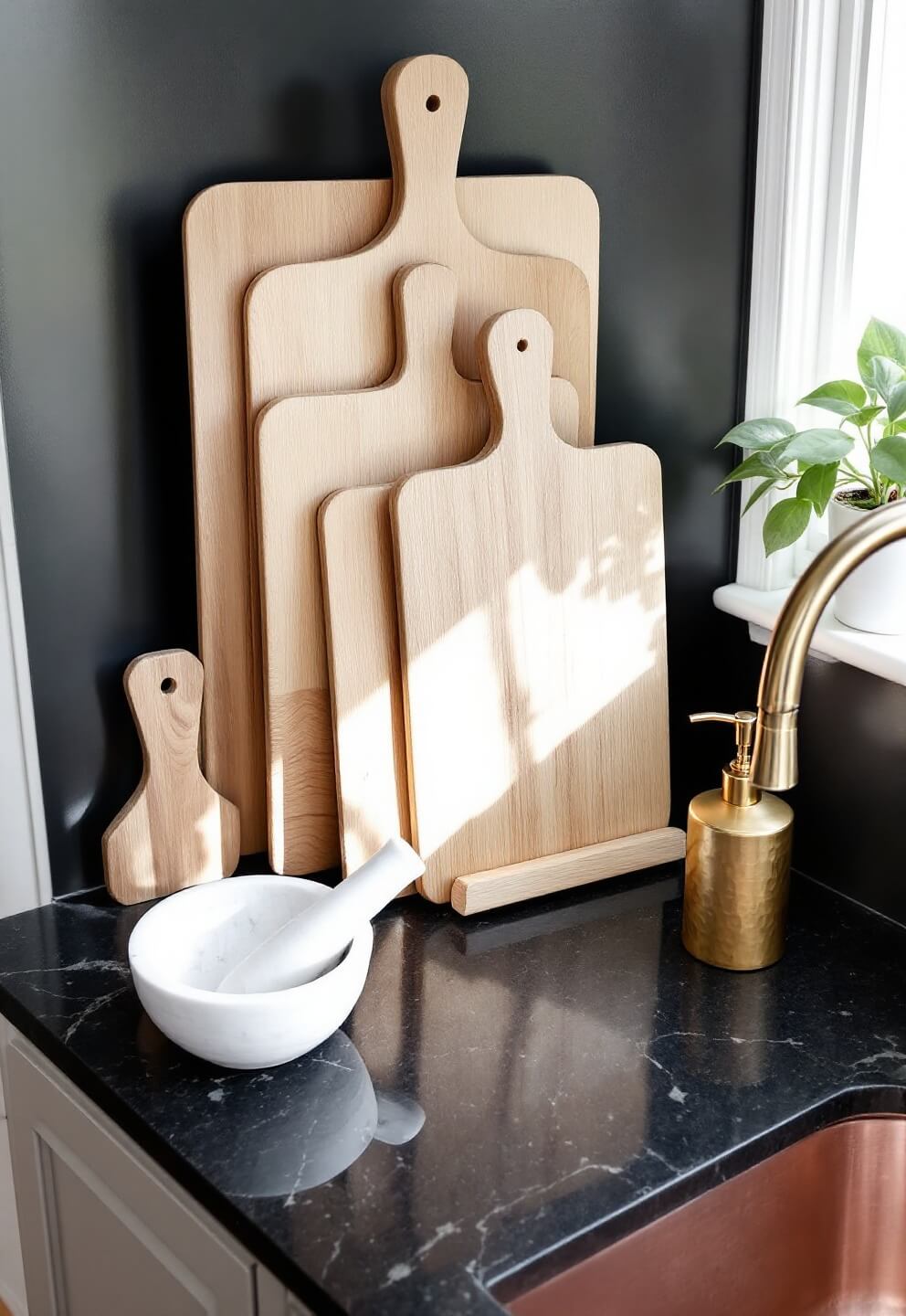 Overhead view of a black granite kitchen island with a three-tier wooden cutting board, antique gold soap dispenser, hammered copper sink, and marble mortar and pestle in morning light