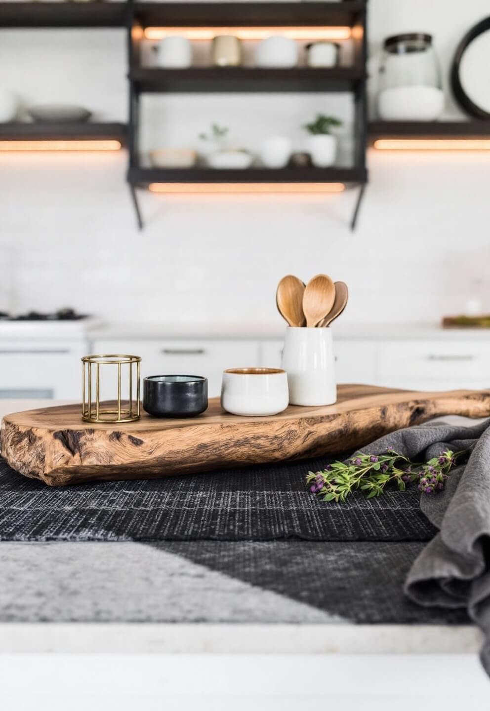 Artisanal ceramic vessels on rough-hewn wooden board with brass utensil holder under warm LED strips and textured charcoal runner, with dark open shelving in the background