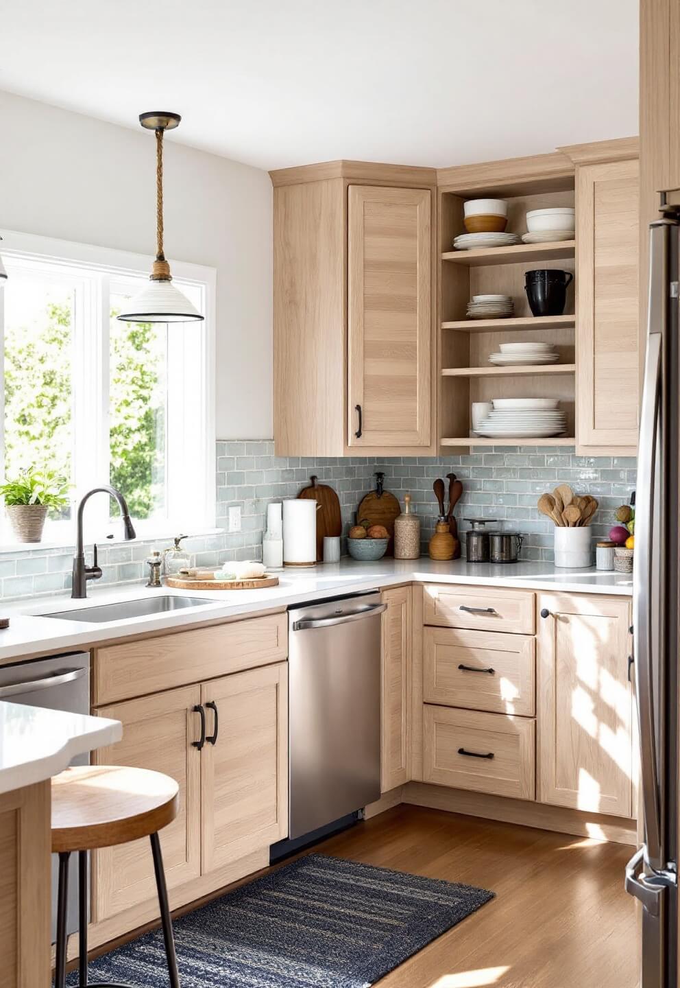 Bright coastal contemporary kitchen featuring light-stained hickory cabinets, sea glass backsplash, white counters, and rope pendant lights in a three-quarter view under midday light.