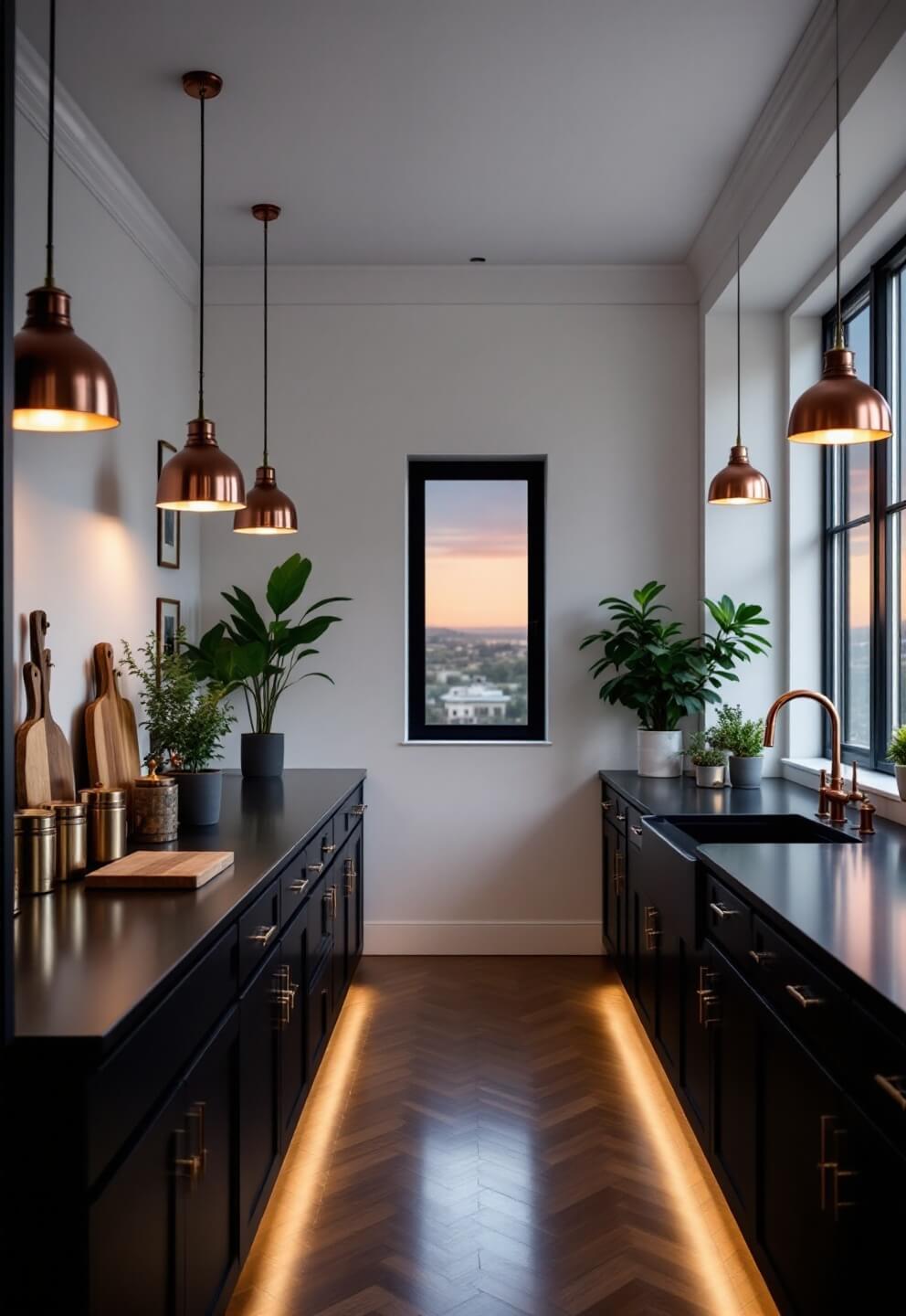 20ft galley kitchen at twilight with matte black counters, copper pendant lights, and under-cabinet lighting, featuring grouped accessories such as brass canisters, wooden boards, and potted herbs, shot at f/8 for environmental context.