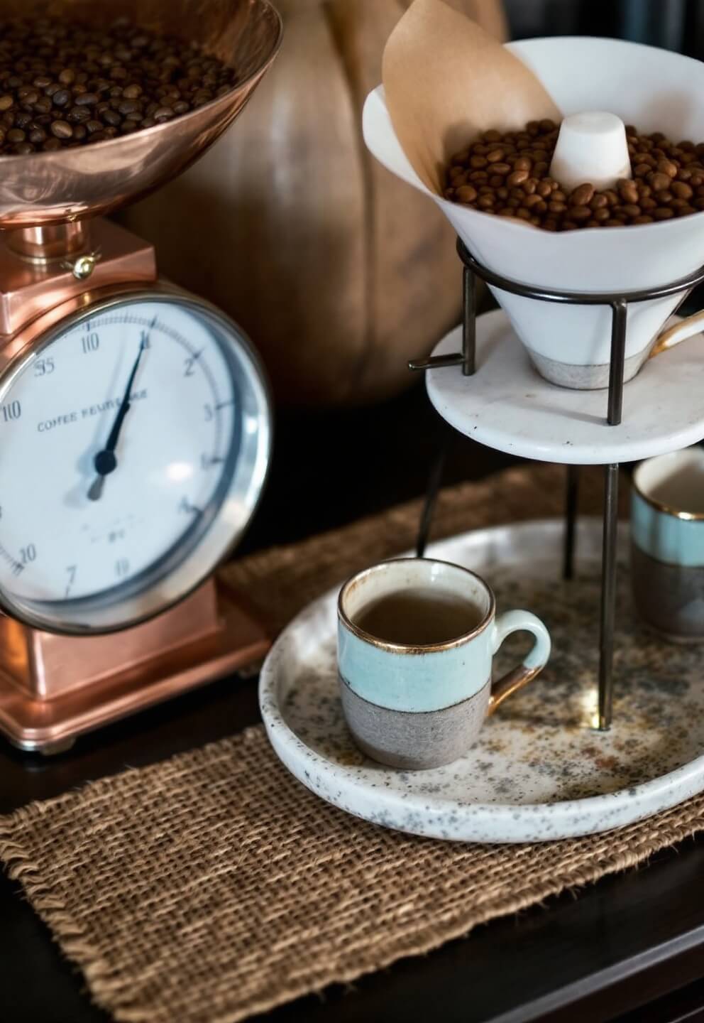 Close-up image of a vintage coffee station with copper scale, ceramic mugs, and bronze pour-over stand on a dark wood counter with moody natural lighting