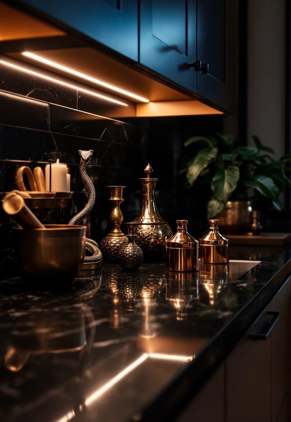 Evening kitchen scene with warm under-cabinet LED lighting reflecting off black granite counters, accompanied by metallic accessories and a snake plant.