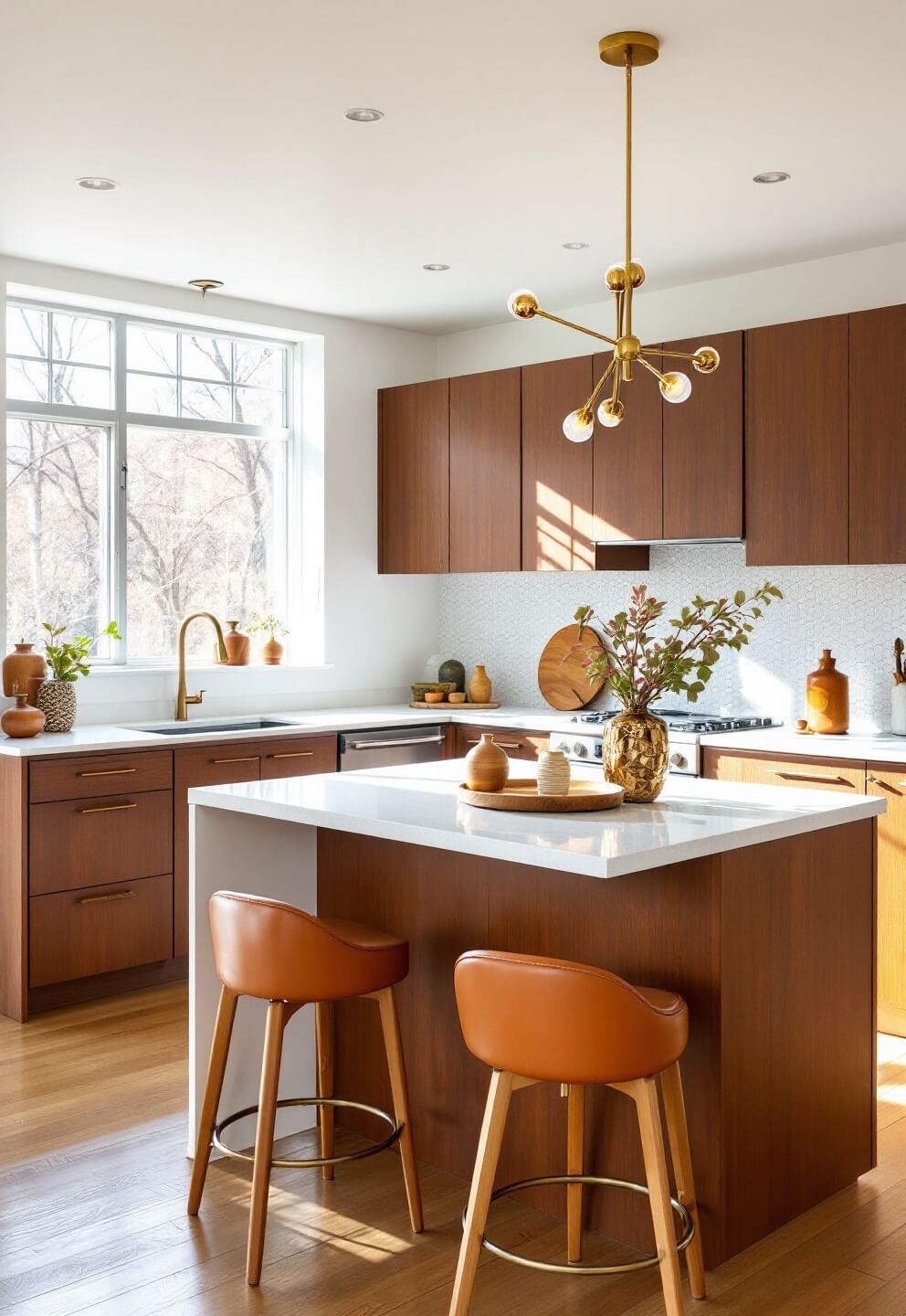 Mid-century modern kitchen with morning sun illuminating walnut cabinets, geometric copper and white backsplash, brass Sputnik chandelier over quartz waterfall island, and vintage-inspired bar stools in a 12x15ft space with 10ft ceilings.