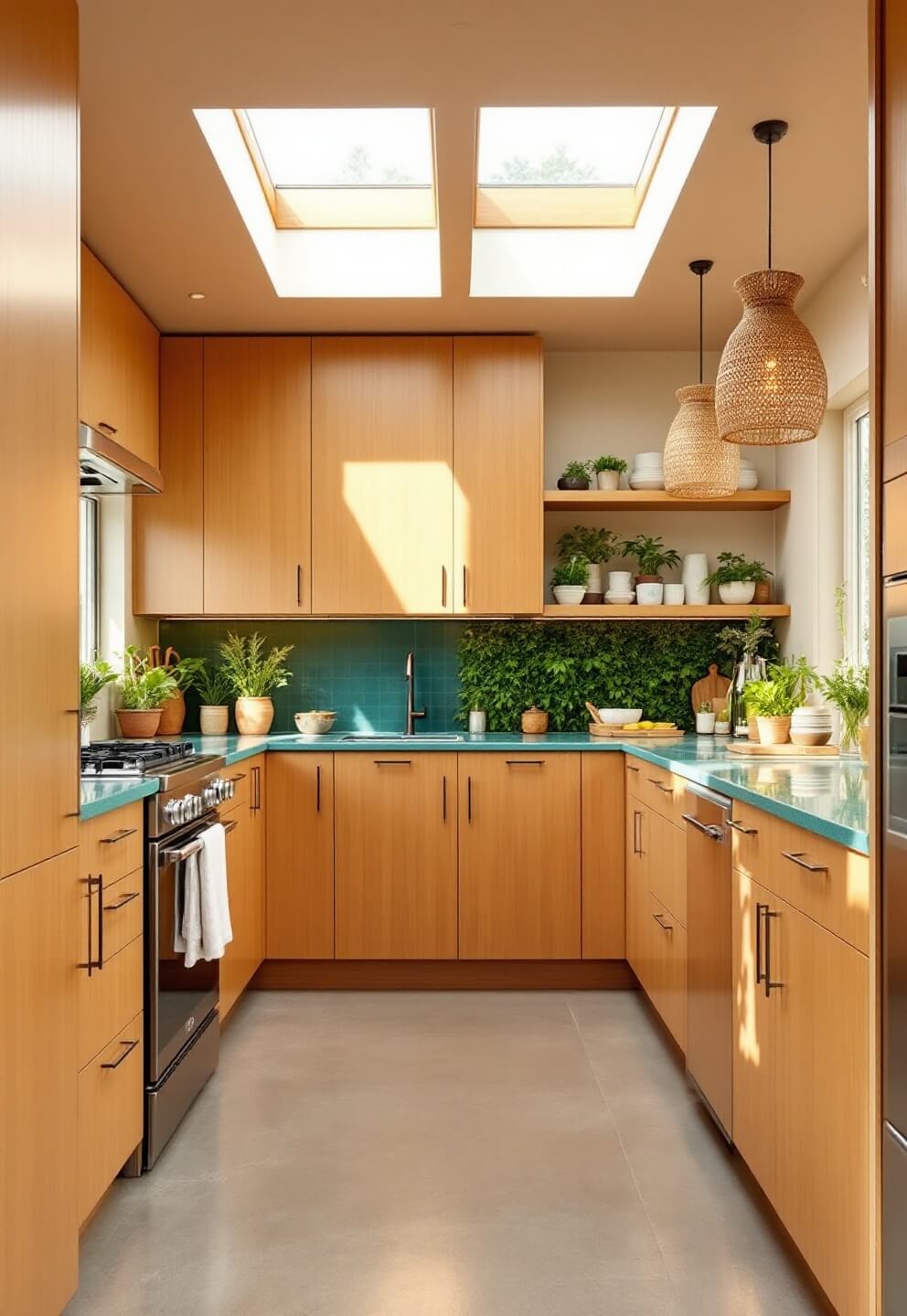 Sustainable open-concept kitchen with bamboo cabinetry, recycled glass countertops, a living herb wall, reclaimed wood shelving, and radiant concrete floors under natural light from energy-efficient skylights.