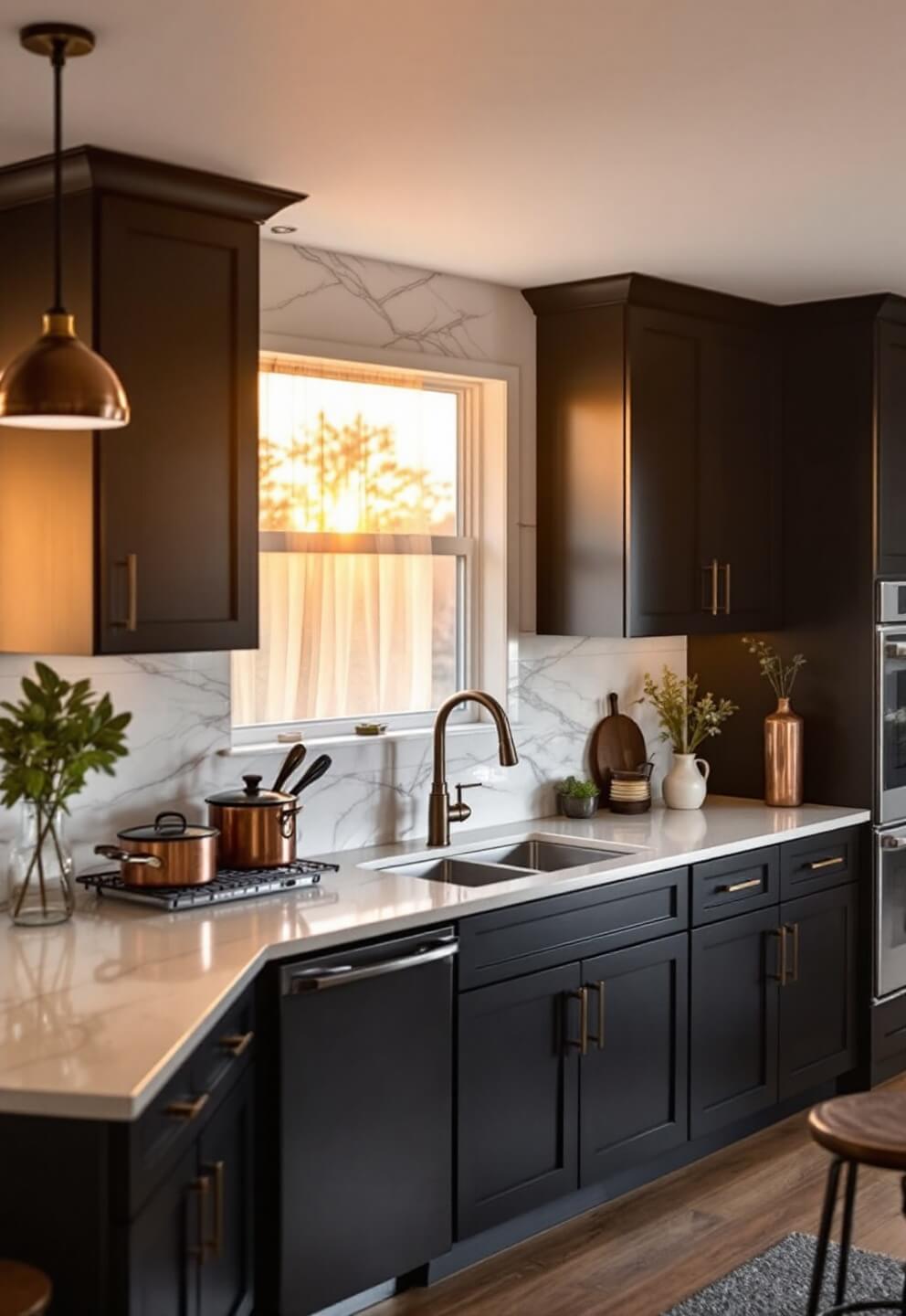 Contemporary kitchen with black cabinets, mixed metallic finishes, brushed nickel faucet, bronze pendant lights, marble backsplash, cream quartz countertops, industrial bar stools, and copper cookware in a sunlit 13x18ft space.