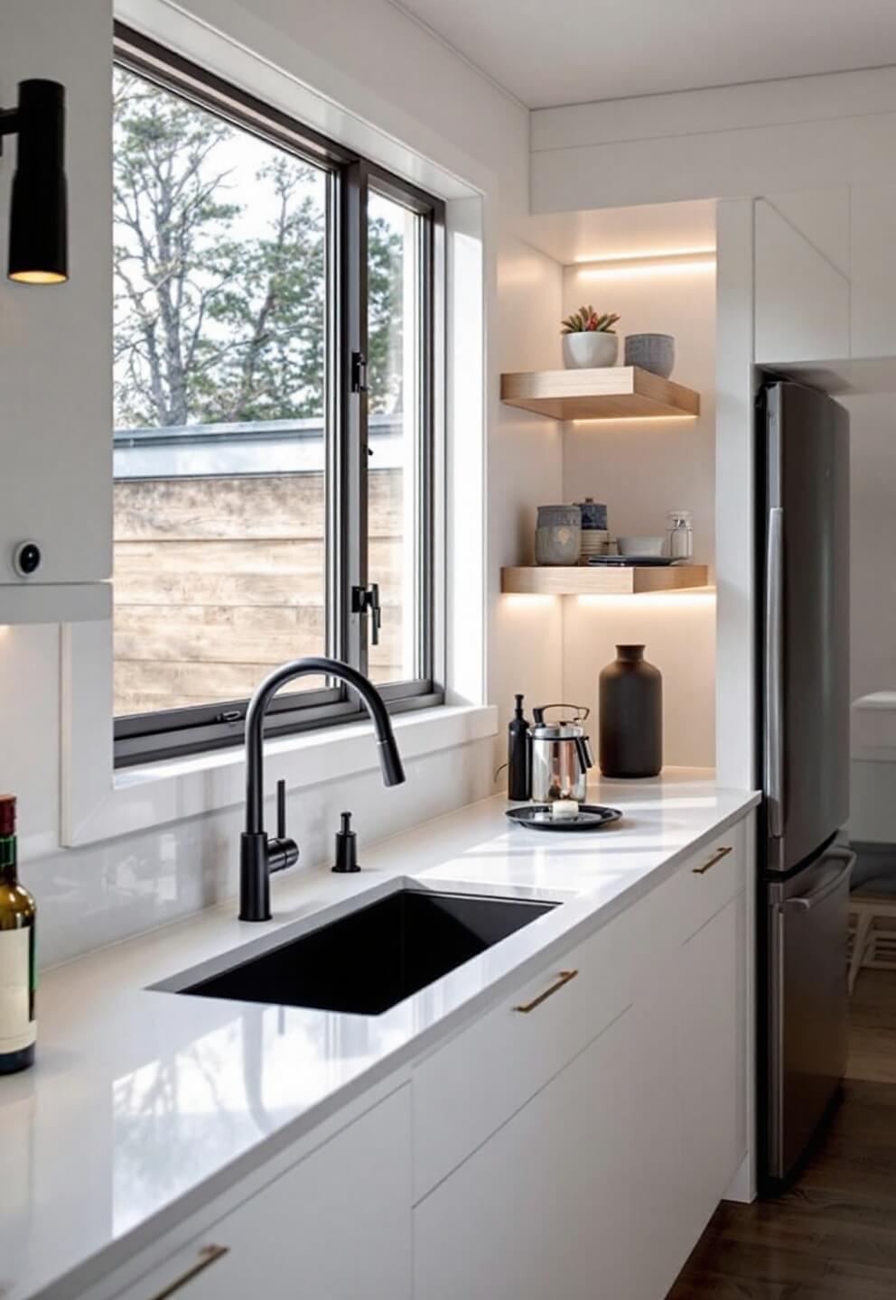 Smart kitchen with large windows, sleek white cabinets, voice-activated matte black faucet, dark stainless finish refrigerator, wireless charging stations built into countertops, LED strip lighting under floating shelves, and minimalist chrome and glass accessories.